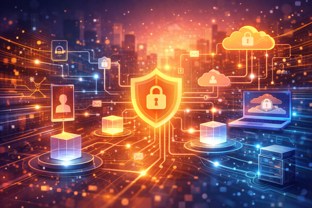 Abstrakte Darstellung eines digitalen Systems mit vernetzten Strukturen, Datenflüssen und technologischer Dynamik